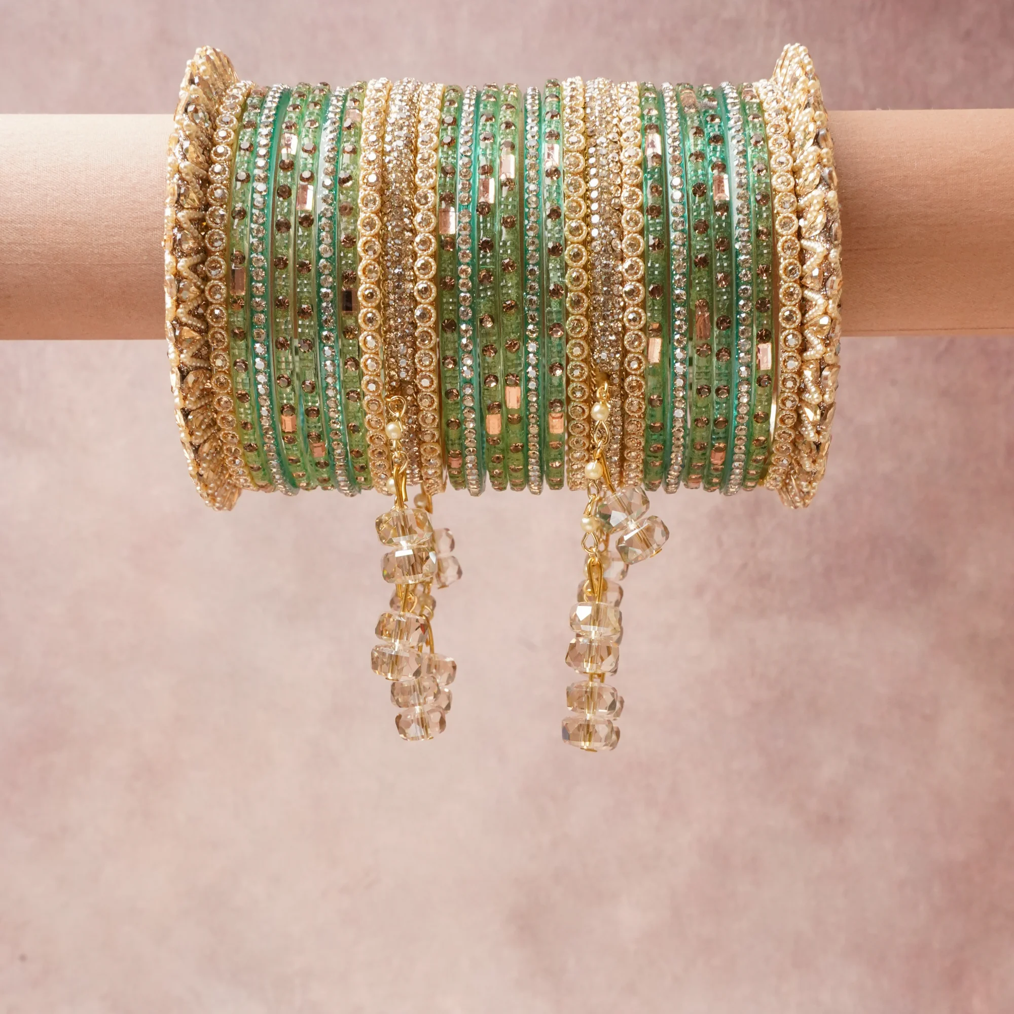 A commanding Mint Green anchors this beautiful set, enriched with accents of Gold, Clear Crystal, Cream Pearl that add depth and dimension.

Featuring a striking composition of Glass, Gold-toned Metal, Crystal, Faux Pearl, this set carries intricate craftsmanship and strong presence. Grand in form, it is created for moments that deserve to be marked.